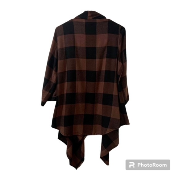 Knox Rose Brown Black Plaid Rollup Sleeve Asymmetrical Open Cardigan Size Medium - Picture 2 of 9